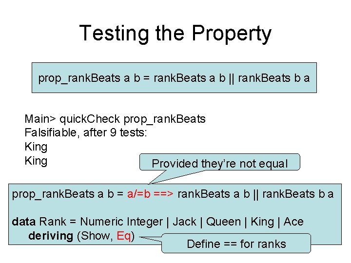 Testing the Property prop_rank. Beats a b = rank. Beats a b || rank.