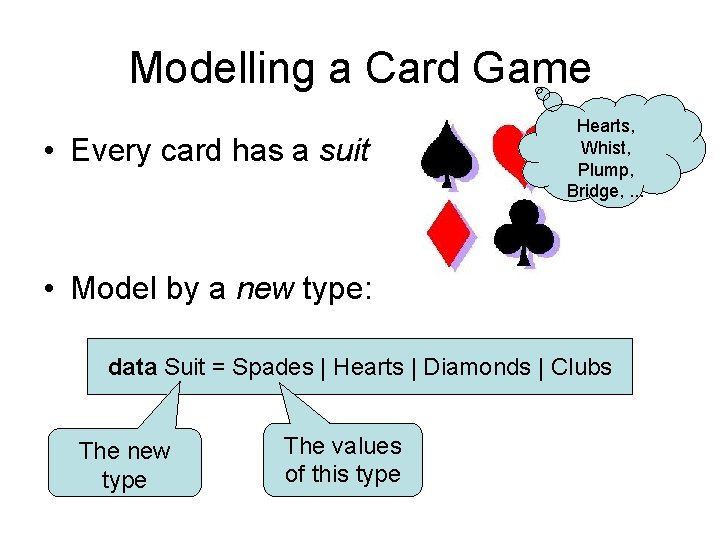 Modelling a Card Game • Every card has a suit Hearts, Whist, Plump, Bridge,