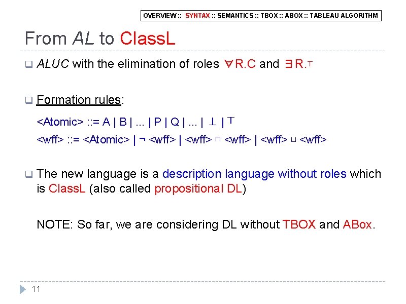 OVERVIEW : : SYNTAX : : SEMANTICS : : TBOX : : ABOX :