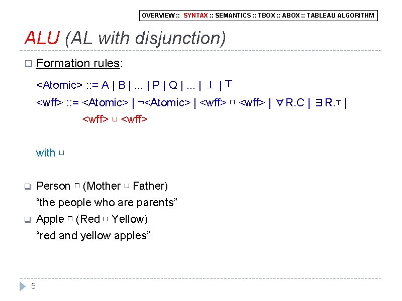 OVERVIEW : : SYNTAX : : SEMANTICS : : TBOX : : ABOX :