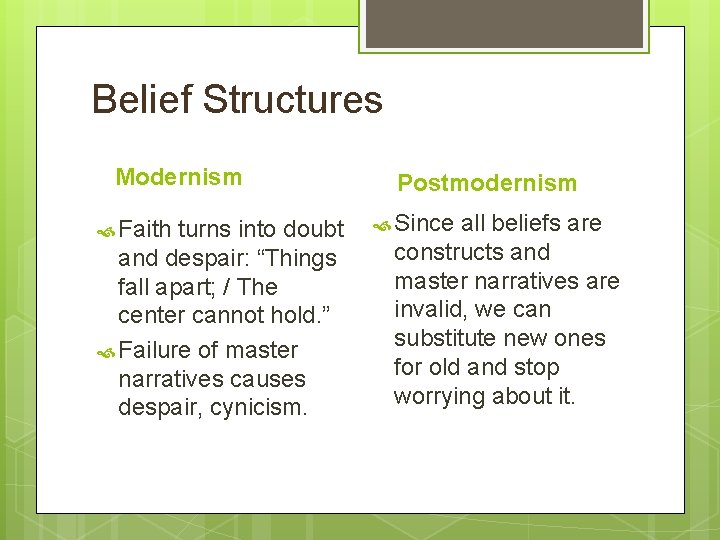 Belief Structures Modernism Faith turns into doubt and despair: “Things fall apart; / The