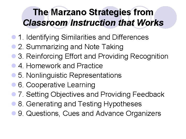 The Marzano Strategies from Classroom Instruction that Works l 1. Identifying Similarities and Differences