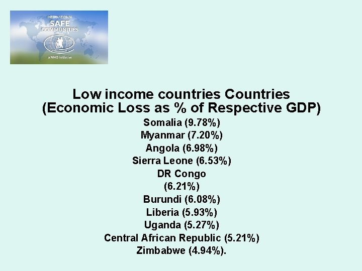 Low income countries Countries (Economic Loss as % of Respective GDP) Somalia (9. 78%)