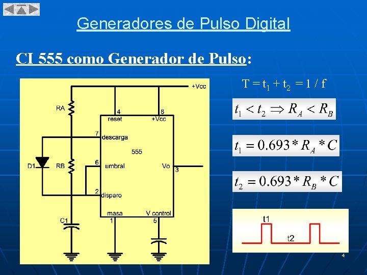 Generadores de Pulso Digital CI 555 como Generador de Pulso: T = t 1