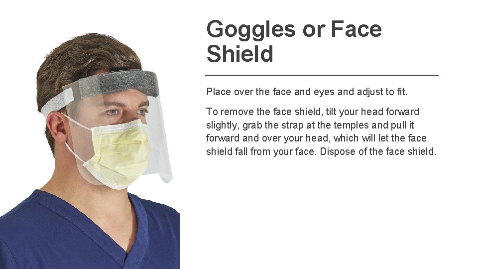 Goggles or Face Shield Place over the face and eyes and adjust to fit.