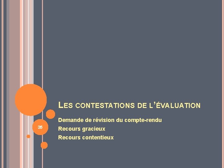 LES CONTESTATIONS DE L’ÉVALUATION Demande de révision du compte-rendu 35 Recours gracieux Recours contentieux