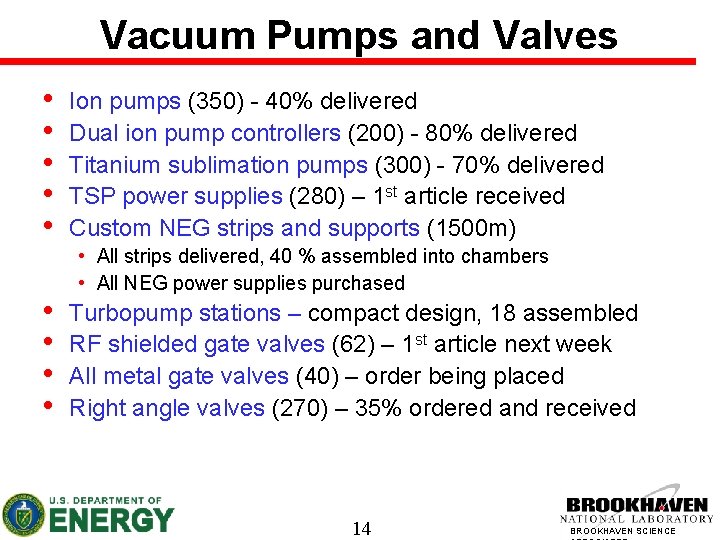 Vacuum Pumps and Valves • • • Ion pumps (350) - 40% delivered Dual