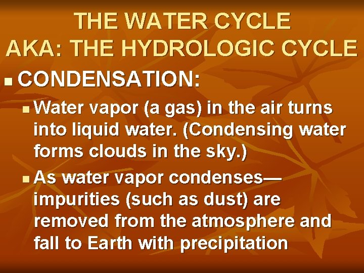 THE WATER CYCLE AKA: THE HYDROLOGIC CYCLE n CONDENSATION: Water vapor (a gas) in