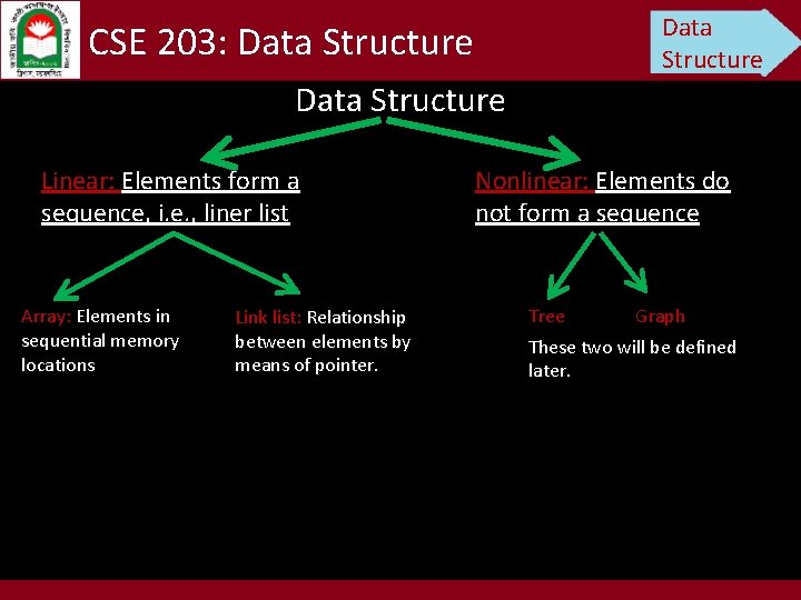 Data Structure CSE 203: Data Structure Linear: Elements form a sequence, i. e. ,