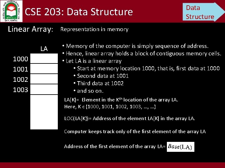 CSE 203: Data Structure Linear Array: . LA 1000 1001 1002 1003 Data Structure