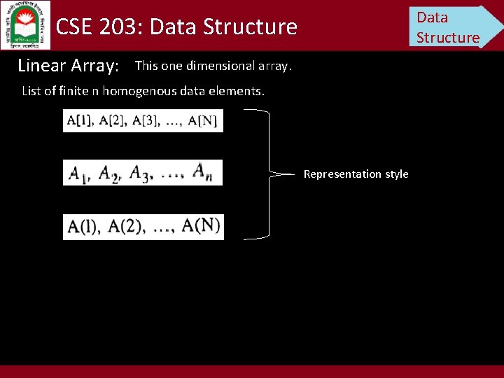 Data Structure CSE 203: Data Structure Linear Array: This one dimensional array. List of