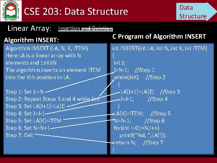 CSE 203: Data Structure Linear Array: Data Structure Insertion and Deletion Algorithm INSERT: Algorithm