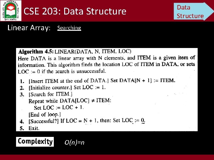 CSE 203: Data Structure Linear Array: Searching O(n)=n Data Structure 