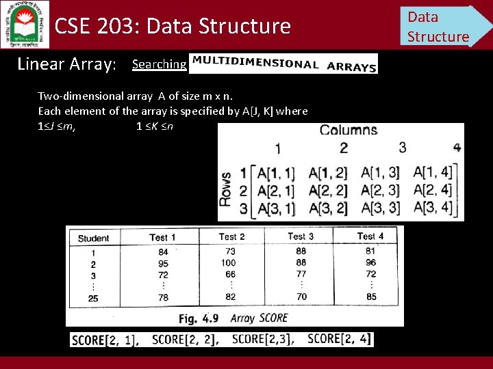 CSE 203: Data Structure Linear Array: Searching Two-dimensional array A of size m x