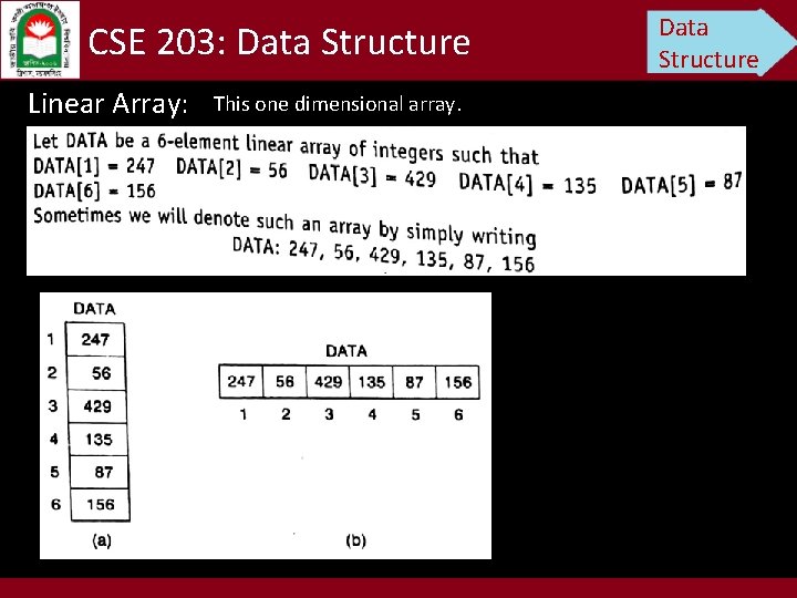 CSE 203: Data Structure Linear Array: This one dimensional array. Data Structure 