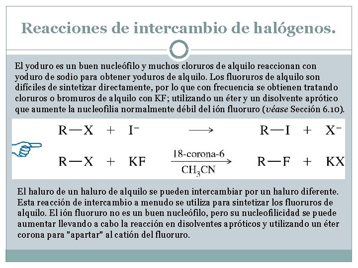 Reacciones de intercambio de halógenos. El yoduro es un buen nucleófilo y muchos cloruros
