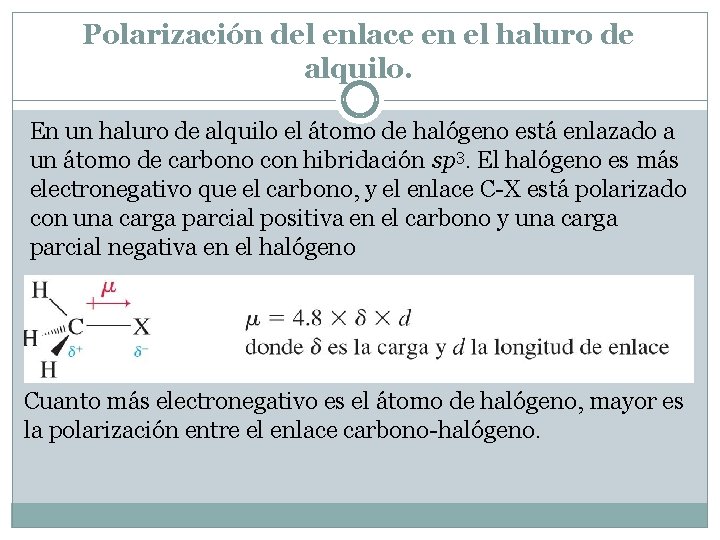 Polarización del enlace en el haluro de alquilo. En un haluro de alquilo el