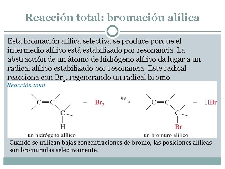 Reacción total: bromación alílica Esta bromación alílica selectiva se produce porque el intermedio alílico