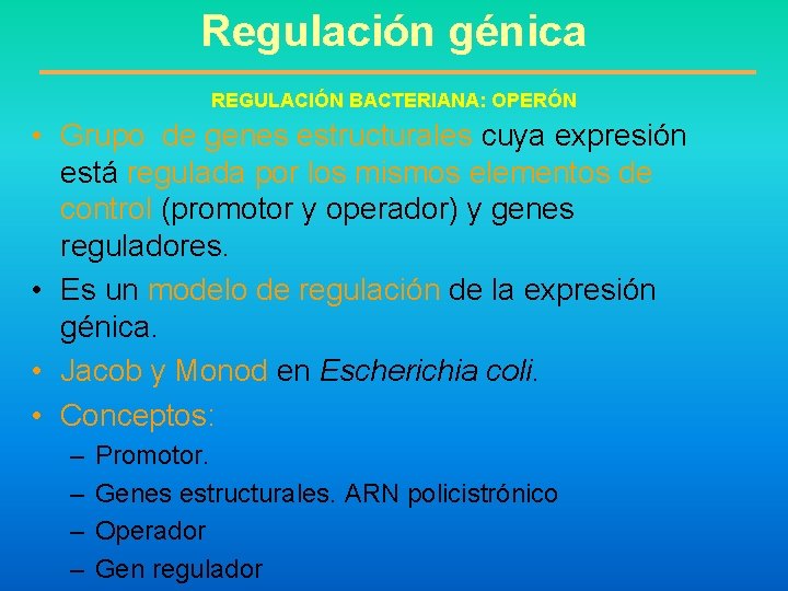 Regulación génica REGULACIÓN BACTERIANA: OPERÓN • Grupo de genes estructurales cuya expresión está regulada