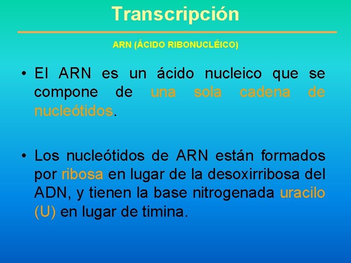 Transcripción ARN (ÁCIDO RIBONUCLÉICO) • El ARN es un ácido nucleico que se compone