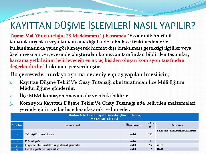 KAYITTAN DÜŞME İŞLEMLERİ NASIL YAPILIR? Taşınır Mal Yönetmeliğin 28. Maddesinin (1) fıkrasında “Ekonomik ömrünü
