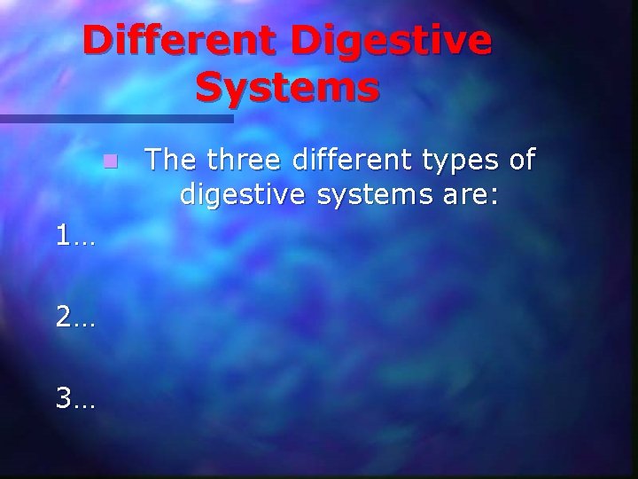 Different Digestive Systems n 1… 2… 3… The three different types of digestive systems