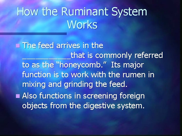 How the Ruminant System Works n The feed arrives in the ______that is commonly