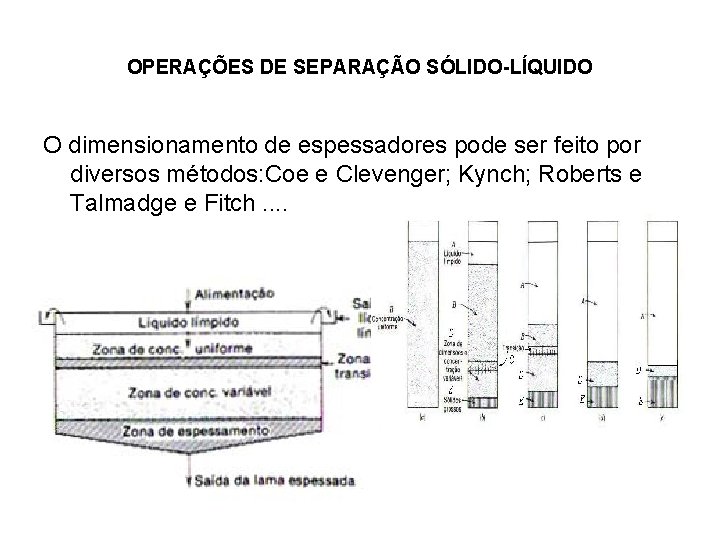 OPERAÇÕES DE SEPARAÇÃO SÓLIDO-LÍQUIDO O dimensionamento de espessadores pode ser feito por diversos métodos: