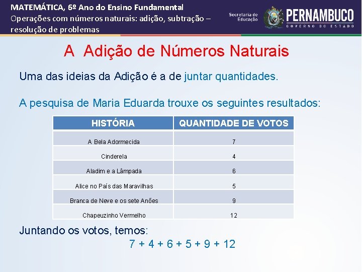 MATEMÁTICA, 6º Ano do Ensino Fundamental Operações com números naturais: adição, subtração – resolução