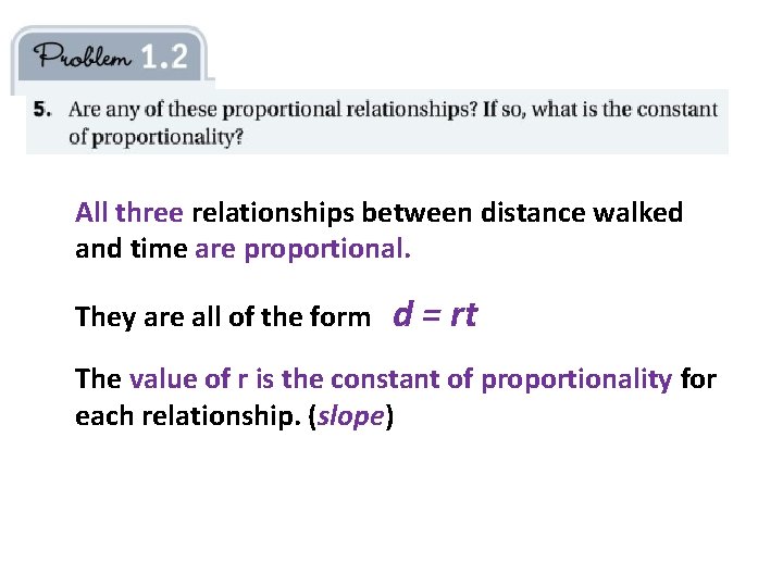All three relationships between distance walked and time are proportional. They are all of