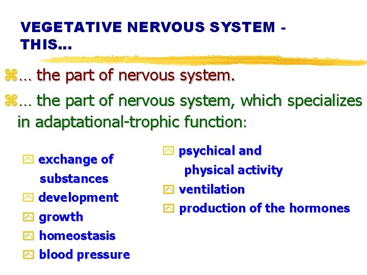 VEGETATIVE NERVOUS SYSTEM THIS… z… the part of nervous system, which specializes in adaptational-trophic