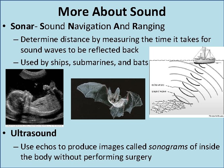 More About Sound • Sonar- Sound Navigation And Ranging – Determine distance by measuring More About Sound • Sonar- Sound Navigation And Ranging – Determine distance by measuring