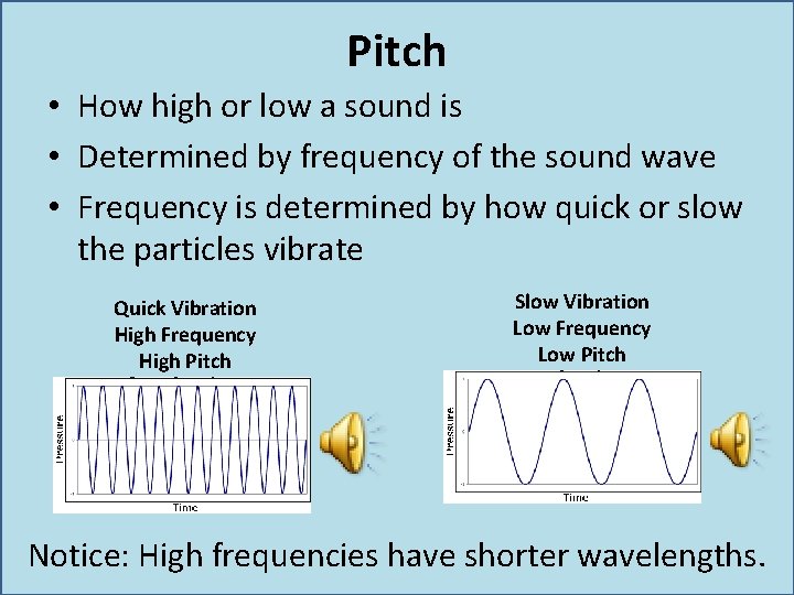 Pitch • How high or low a sound is • Determined by frequency of Pitch • How high or low a sound is • Determined by frequency of