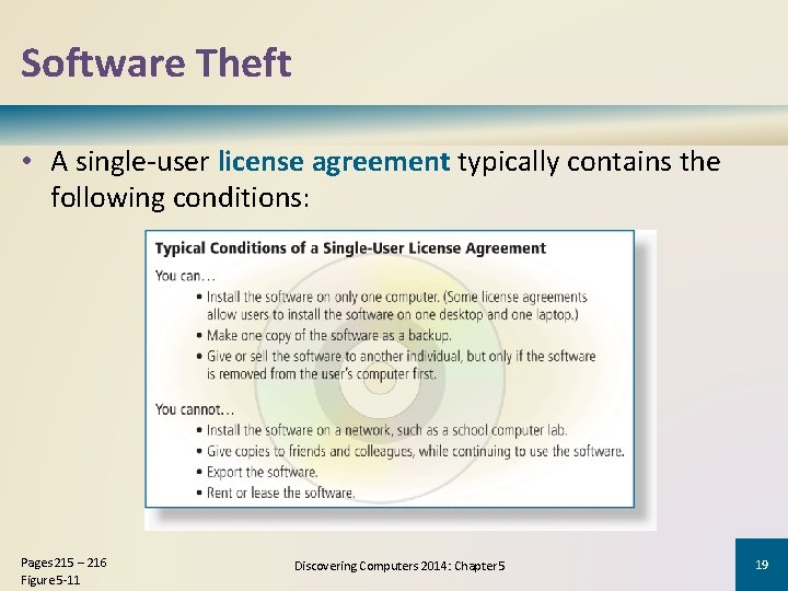 Software Theft • A single-user license agreement typically contains the following conditions: Pages 215