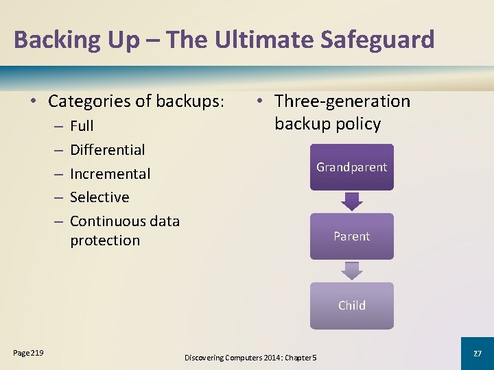 Backing Up – The Ultimate Safeguard • Categories of backups: – – – Full
