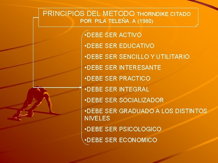 PRINCIPIOS DEL METODO THORNDIKE CITADO POR PILA TELEÑA. A (1980) • DEBE SER ACTIVO