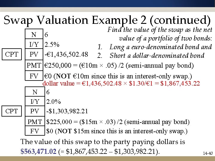 Swap Valuation Example 2 (continued) Find the value of the swap as the net