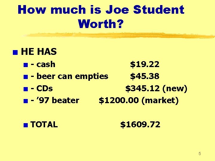 How much is Joe Student Worth? + HE HAS + - cash $19. 22