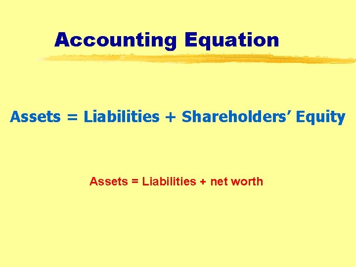 Accounting Equation Assets = Liabilities + Shareholders’ Equity Assets = Liabilities + net worth