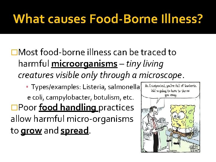 What causes Food-Borne Illness? �Most food-borne illness can be traced to harmful microorganisms –