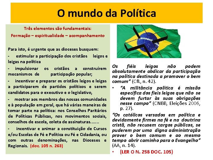 O mundo da Política Três elementos são fundamentais: Formação – espiritualidade – acompanhamento Para