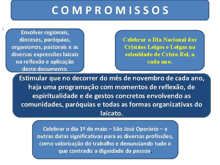 COMPROMISSOS : Envolver regionais, dioceses, paróquias, organismos, pastorais e as diversas expressões laicais na