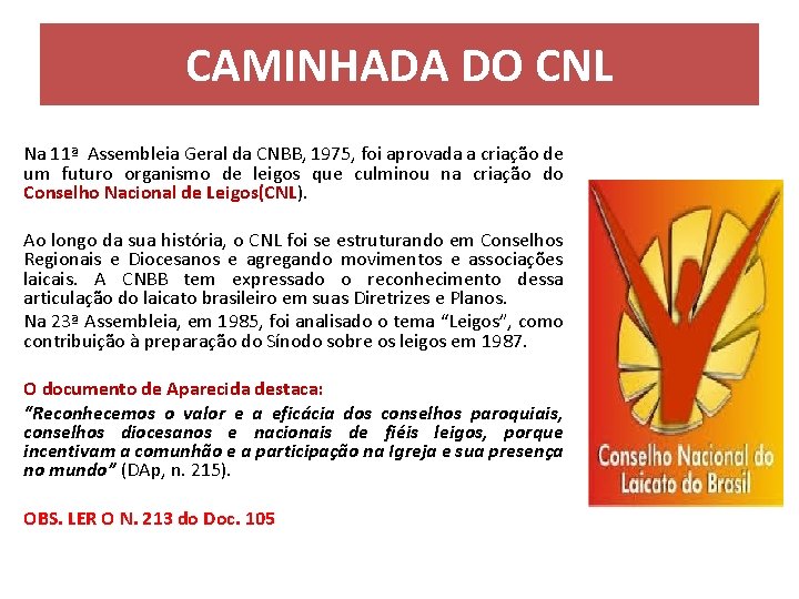 CAMINHADA DO CNL Na 11ª Assembleia Geral da CNBB, 1975, foi aprovada a criação