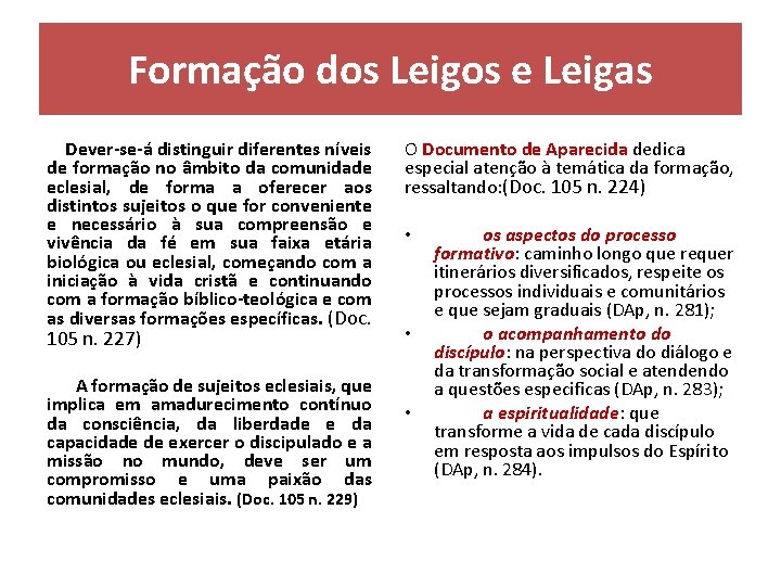 Formação dos Leigos e Leigas Dever-se-á distinguir diferentes níveis de formação no âmbito da