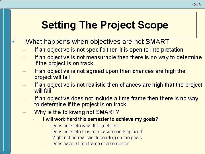 12 -18 Setting The Project Scope • What happens when objectives are not SMART