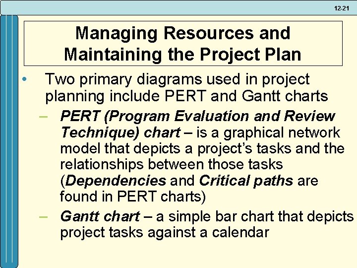 12 -21 Managing Resources and Maintaining the Project Plan • Two primary diagrams used