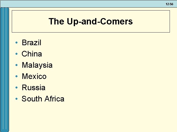 12 -56 The Up-and-Comers • • • Brazil China Malaysia Mexico Russia South Africa