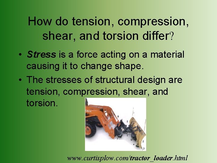 How do tension, compression, shear, and torsion differ? • Stress is a force acting