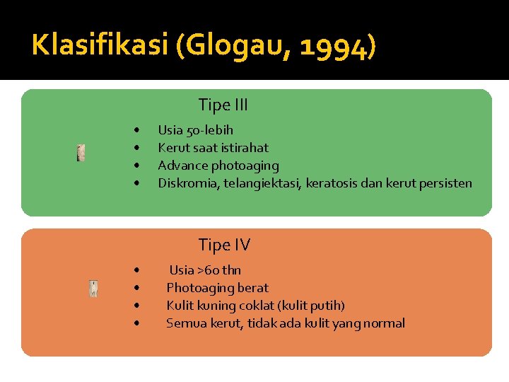 Klasifikasi (Glogau, 1994) Tipe III • • Usia 50 -lebih Kerut saat istirahat Advance