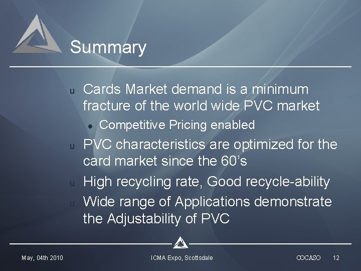 Summary u Cards Market demand is a minimum fracture of the world wide PVC